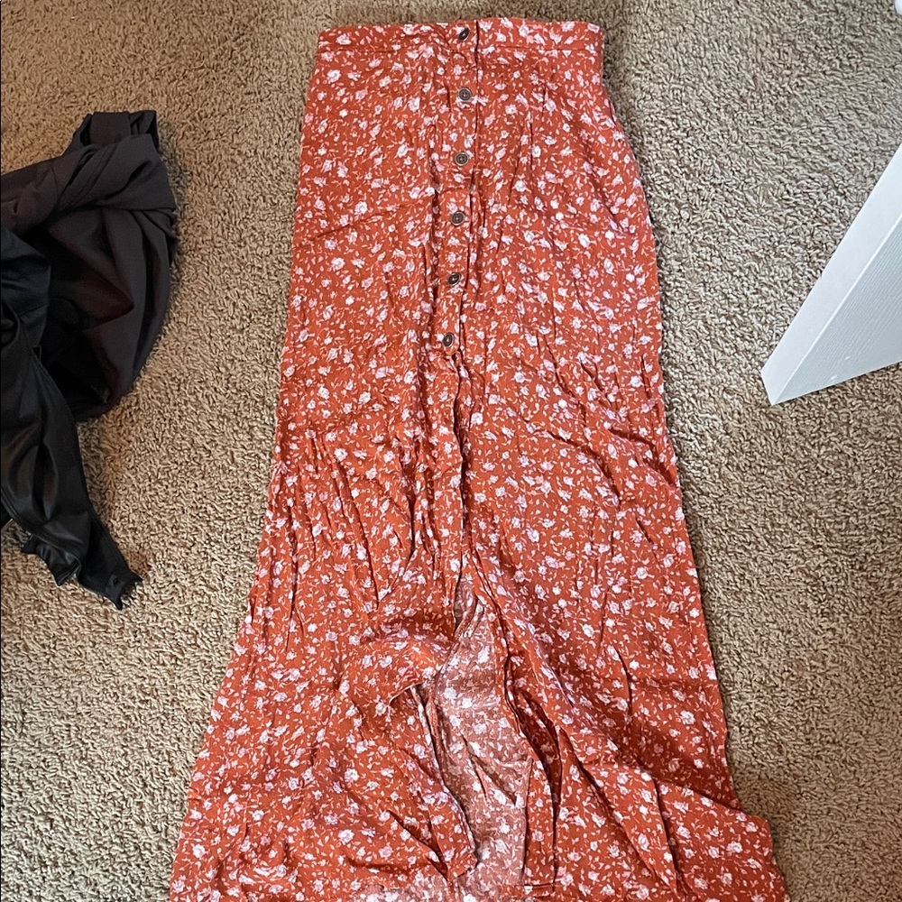 Rust Floral Button-Front Maxi Skirt